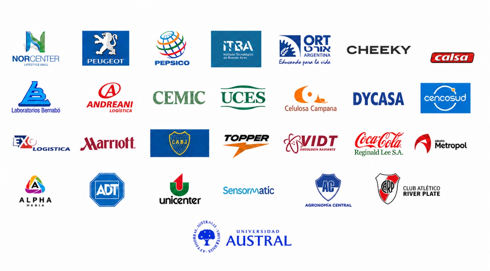 Logos de clientes de Proventia: Norcenter, Peugeot, Pepsico, ITBA, ORT Argentina, Cheeky/Andreani, Calsa, Laboratorios Bernabó, CEMIC, UCES, Celulosa Campana, DYCASA, Cencosud, EXO Logística, Marriott, CABJ, Topper, VIDT, Coca-Cola, Grupo Metropol, Alpha Media, ADT, Unicenter, Sensormatic, Agronomía Central.